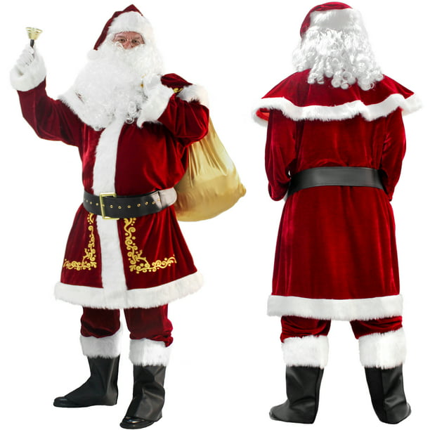 Men's Santa Claus Costume 12PCS Christmas Velvet Adult Deluxe Santa Suit